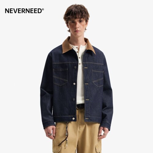 NEVERNEED原色翻领牛仔夹克男女秋季美式复古撞色短款工装外套潮