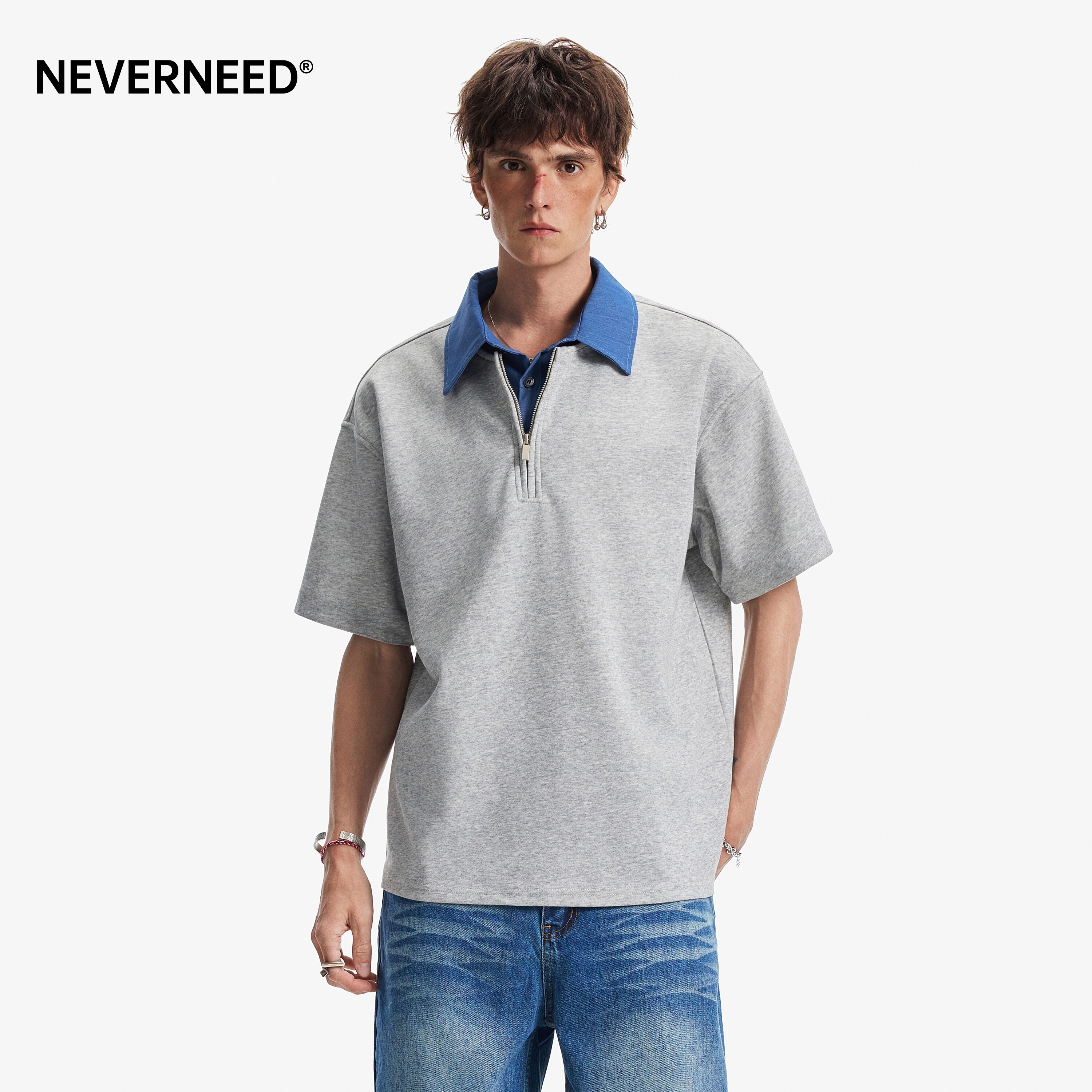 NEVERNEED假两件半拉链Polo衫男图片