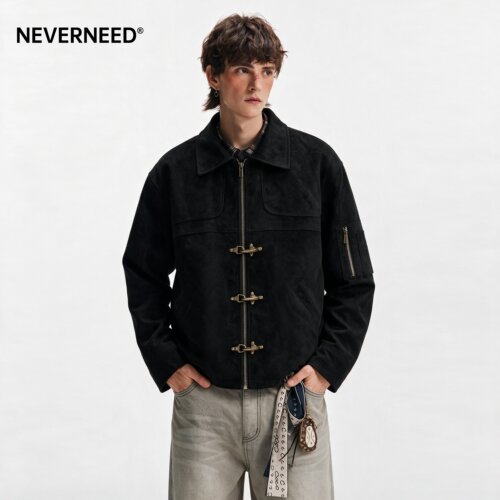 NEVERNEED黑色飞机扣短款夹克男