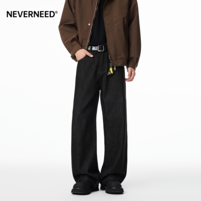 NEVERNEED美式黑原色牛仔裤男女