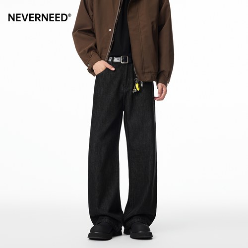NEVERNEED美式黑原色牛仔裤男女