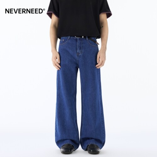 NEVERNEED水洗蓝色直筒牛仔裤男