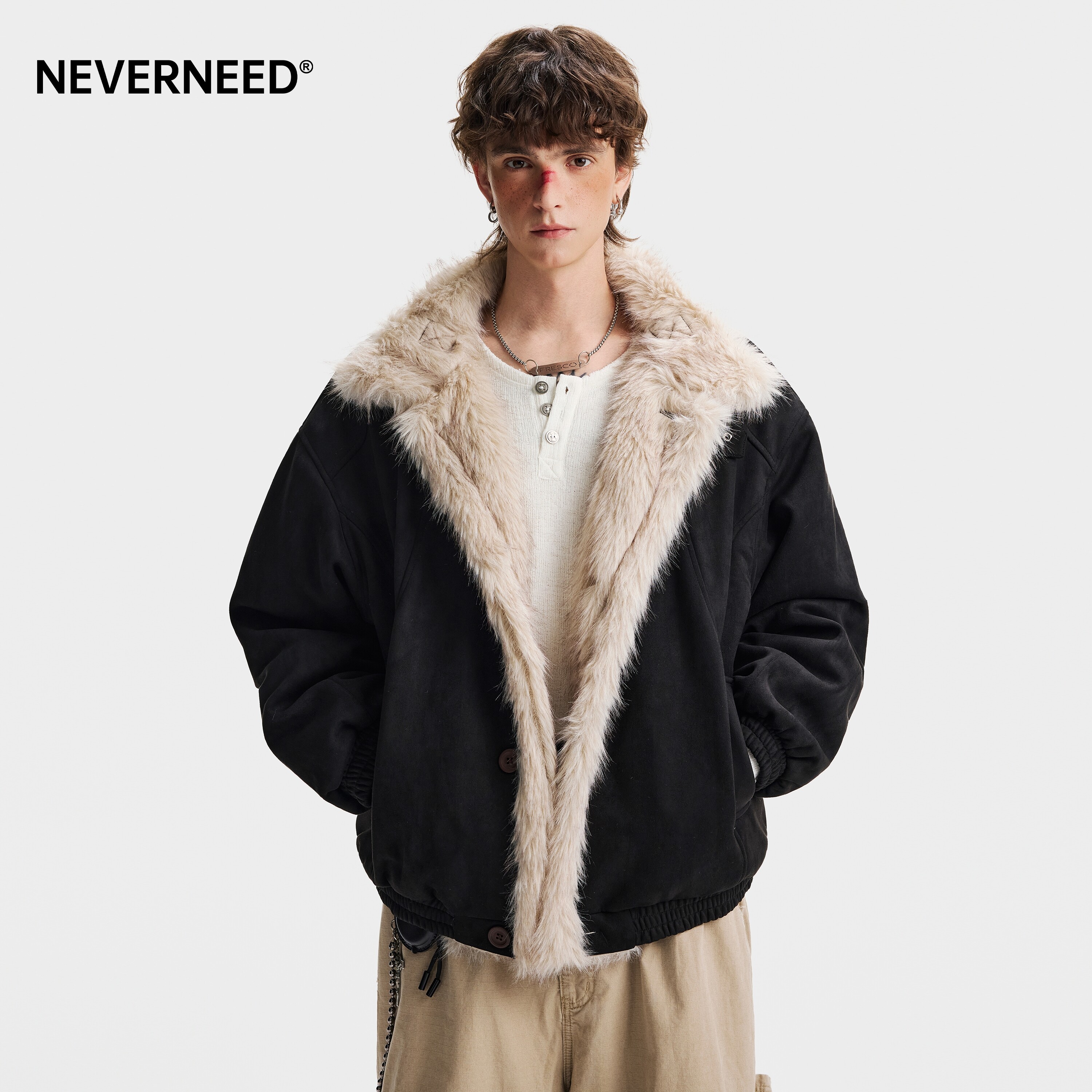 NEVERNEED座山雕解构毛领棉衣男