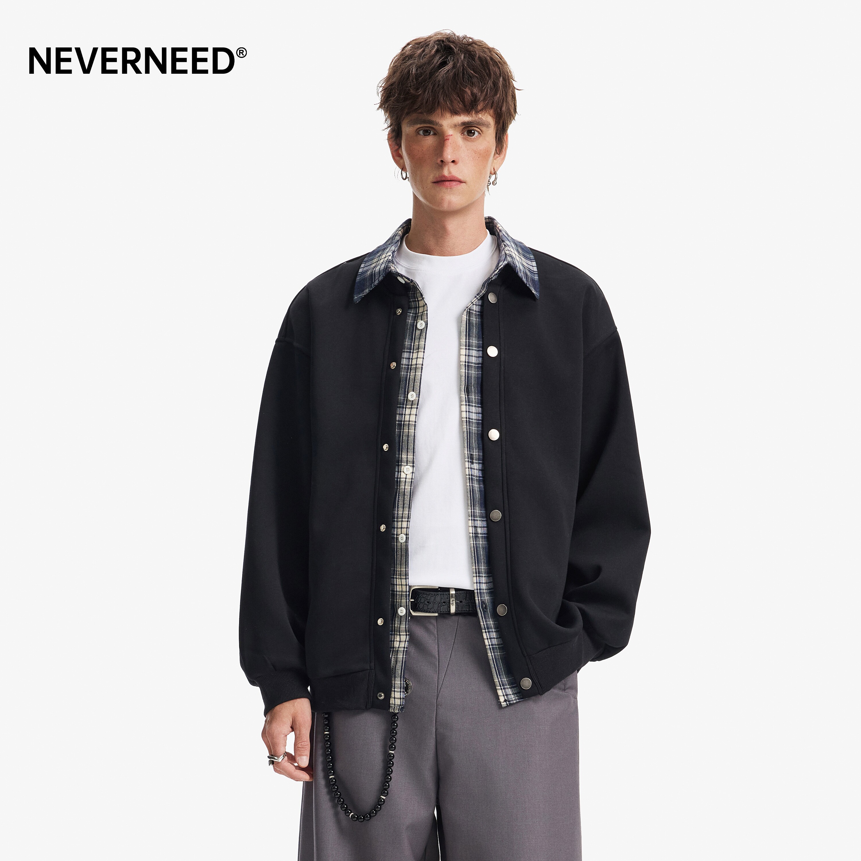 NEVERNEED假两件格纹翻领卫衣男图片