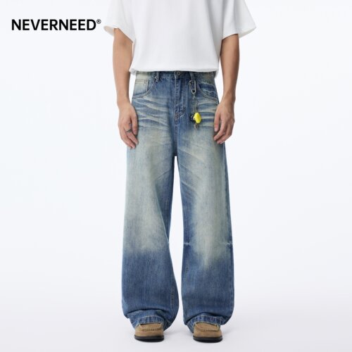 NEVERNEED牛王猫须直筒牛仔裤男