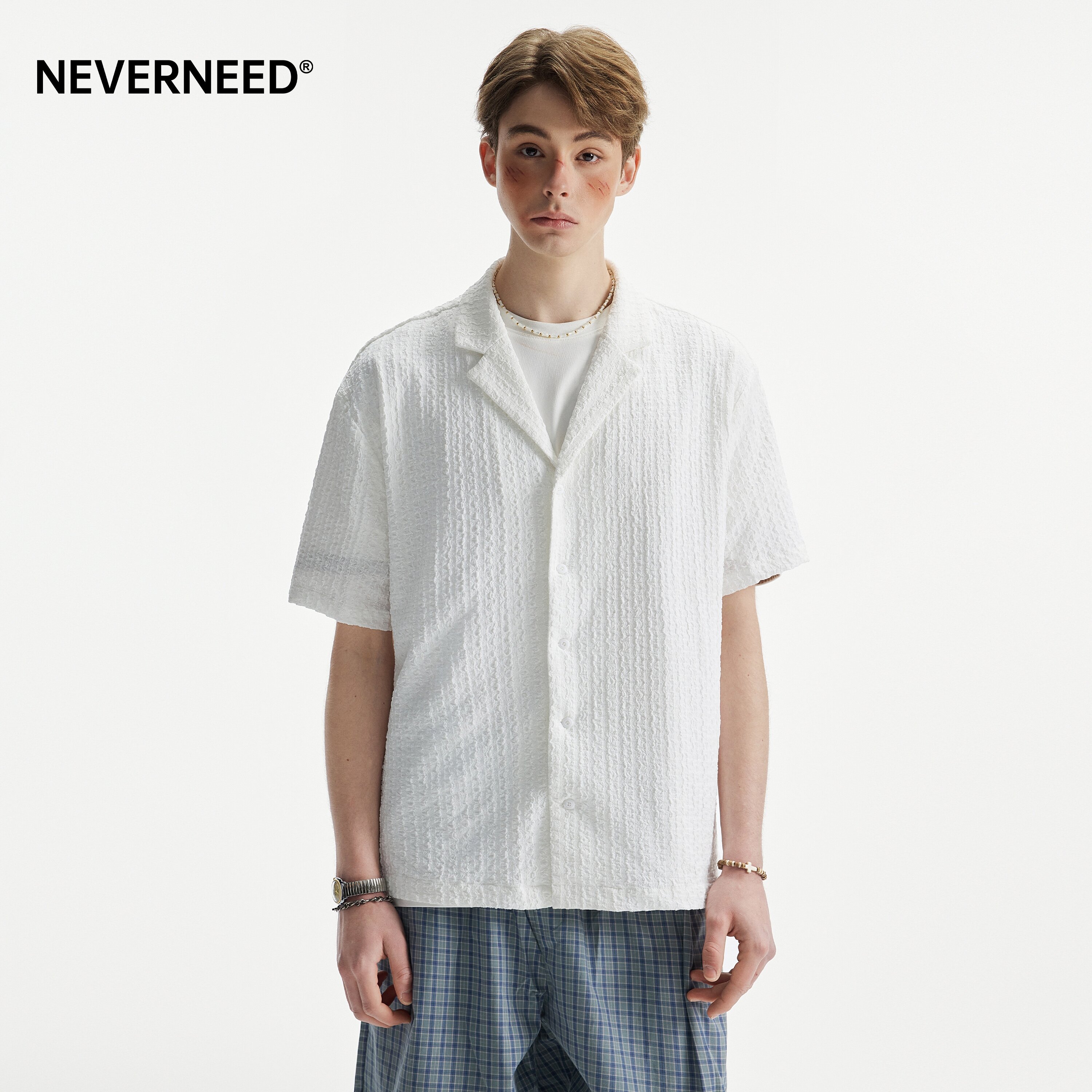 NEVERNEED纯色古巴领短袖衬衫男女夏季美式复古提花肌理感衬衣潮图片