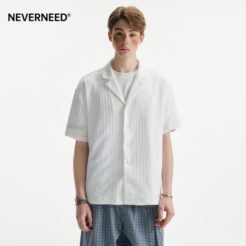NEVERNEED纯色古巴领短袖衬衫男女夏季美式复古提花肌理感衬衣潮