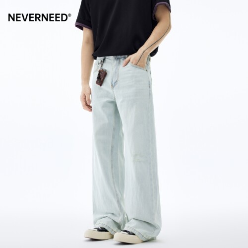 NEVERNEED美式潮牌A字阔腿牛仔裤
