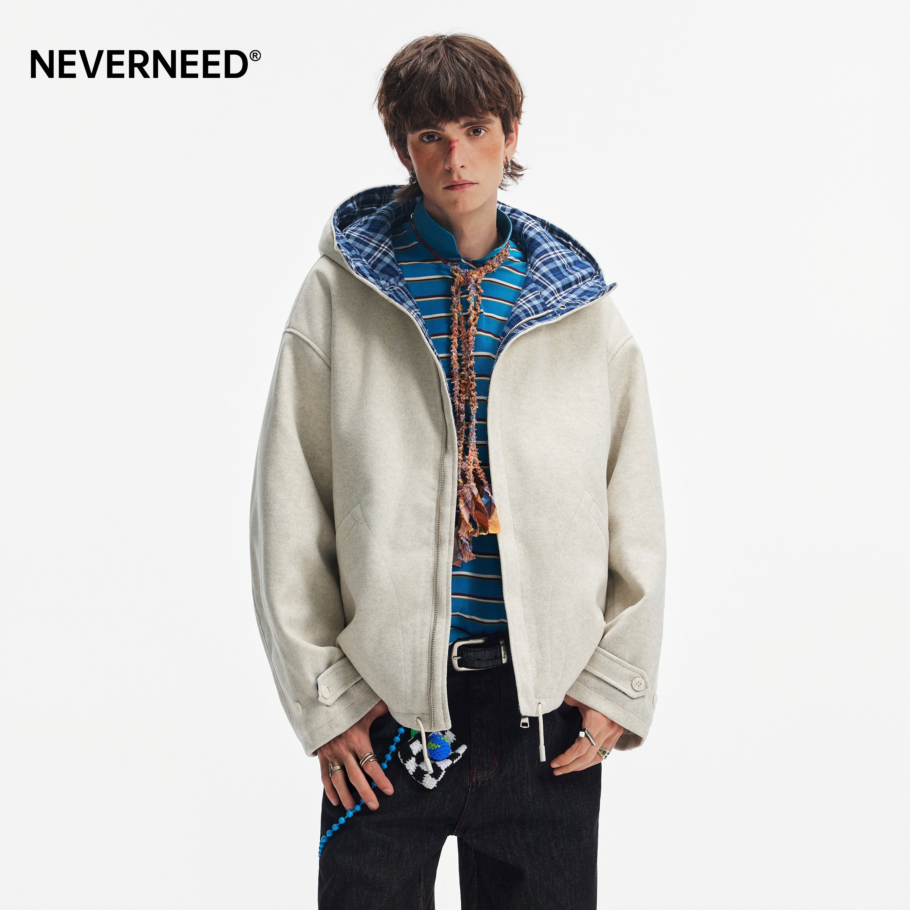 NEVERNEED假两件格子棉衣男女图片