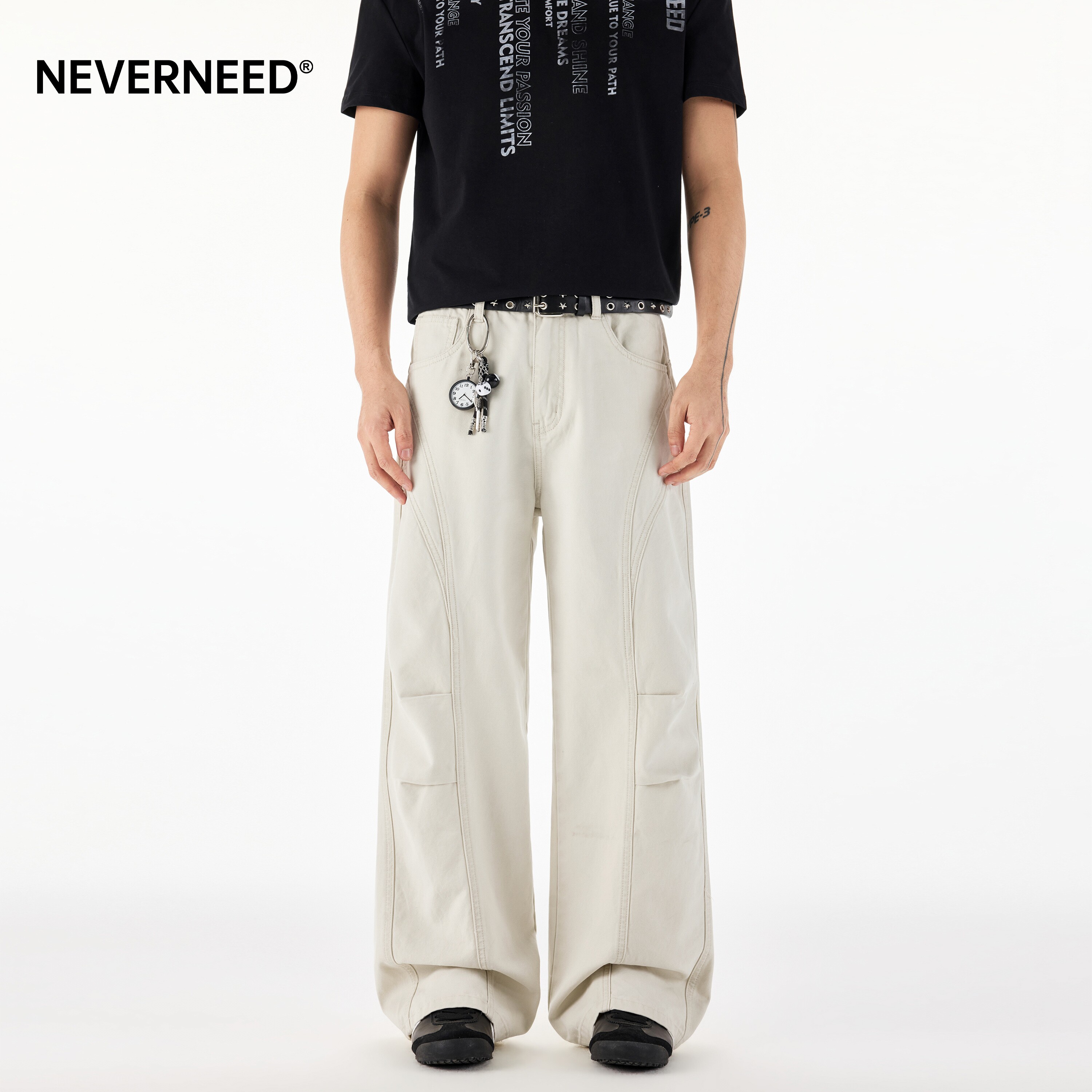 NEVERNEED解构拼接直筒牛仔裤男图片