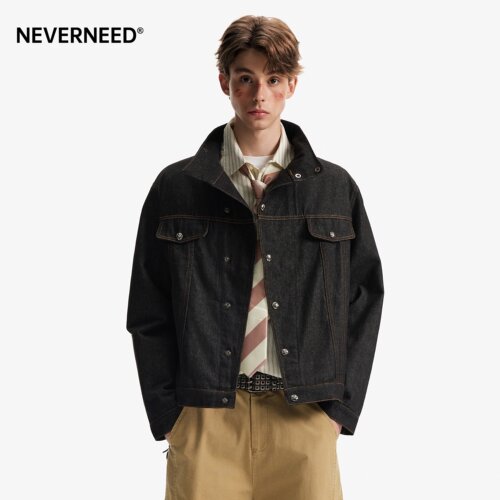 NEVERNEED黑色斜领牛仔夹克男女