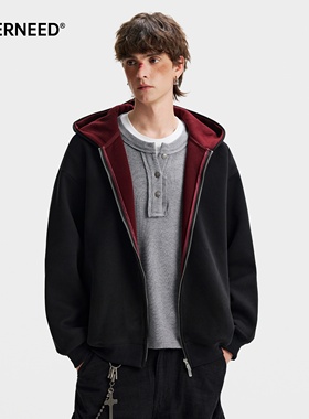 NEVERNEED460g重磅撞色连帽卫衣男女冬季美式潮牌情侣双拉链外套