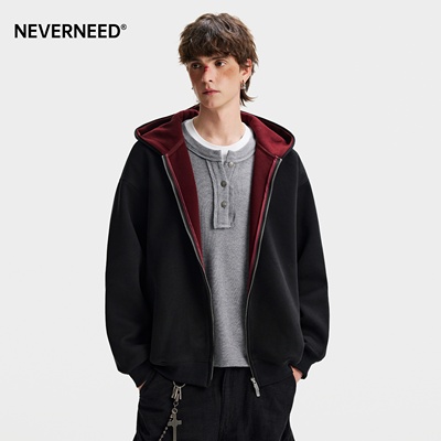 NEVERNEED撞色连帽卫衣男