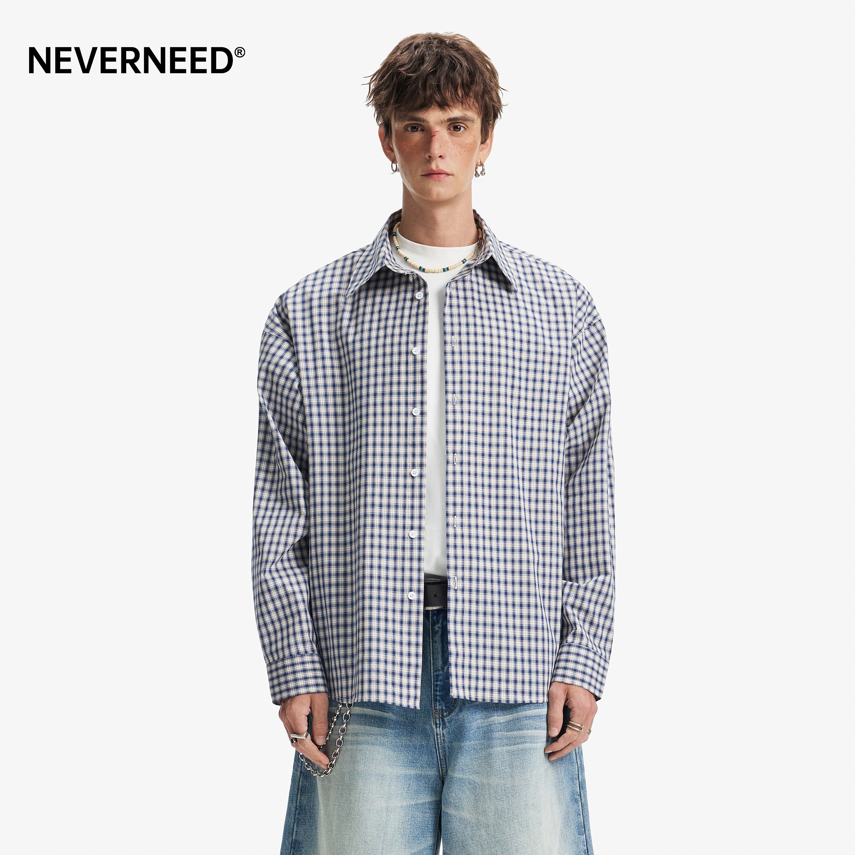 NEVERNEED复古格子翻领衬衫男女图片