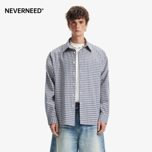 NEVERNEED复古格子翻领衬衫男女