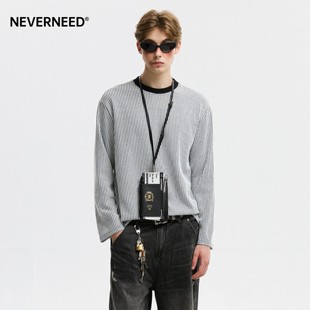 NEVERNEED美式复古肌理感条纹长袖T恤男秋季老钱风圆领内搭打底衫