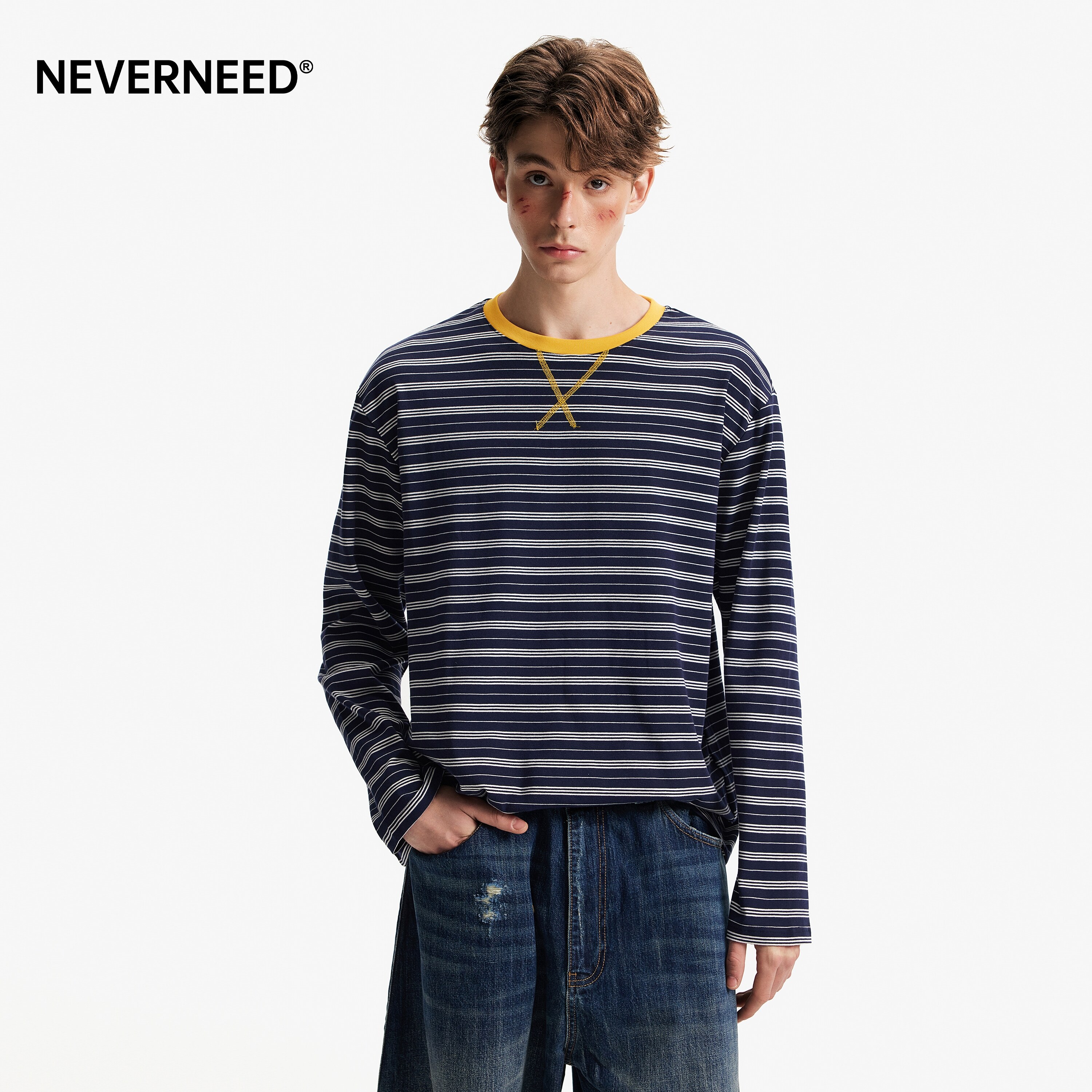 NEVERNEED天丝条纹撞色圆领T恤男图片