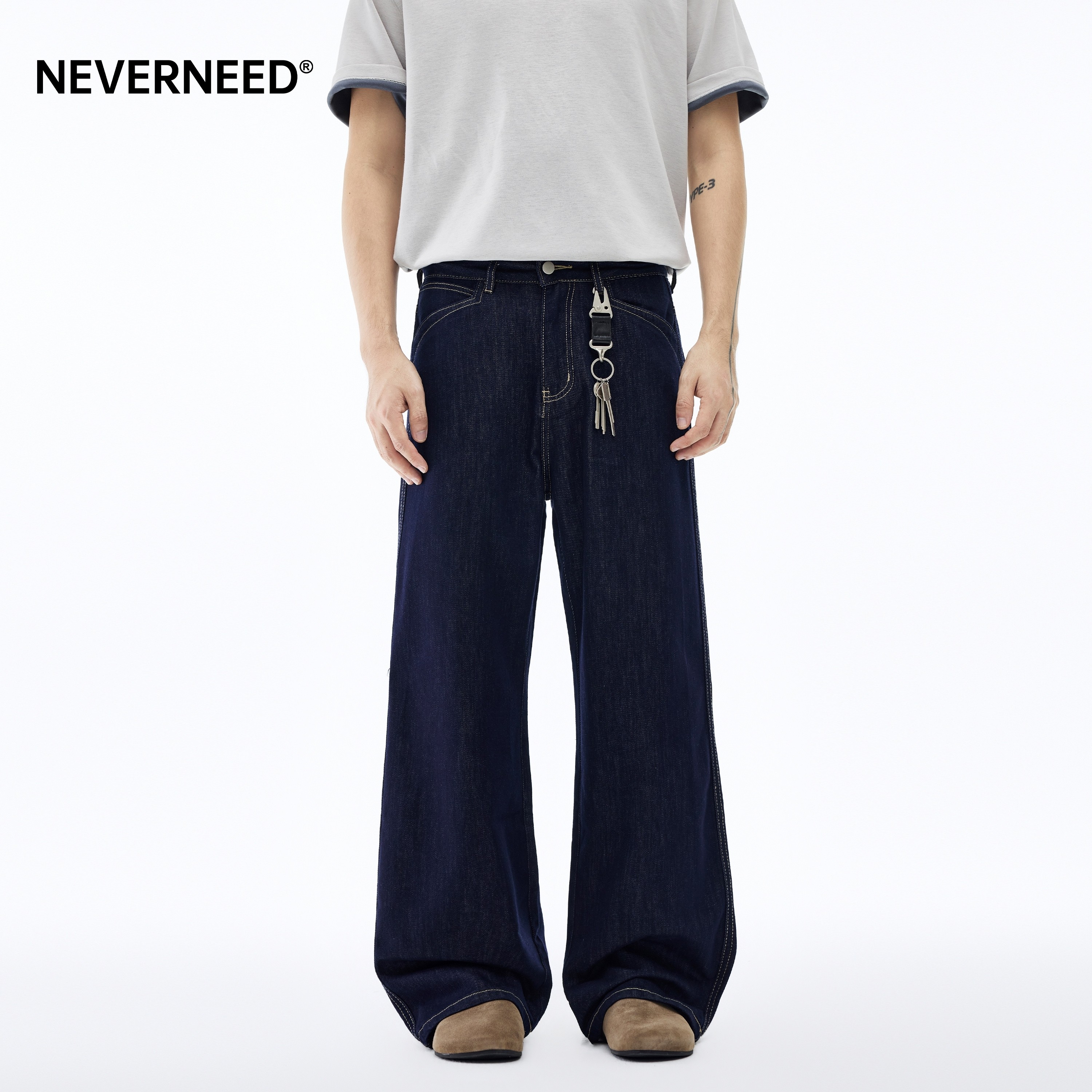 NEVERNEED莱赛尔原色宽松牛仔裤男春季美式cleanfit明线阔腿A字裤