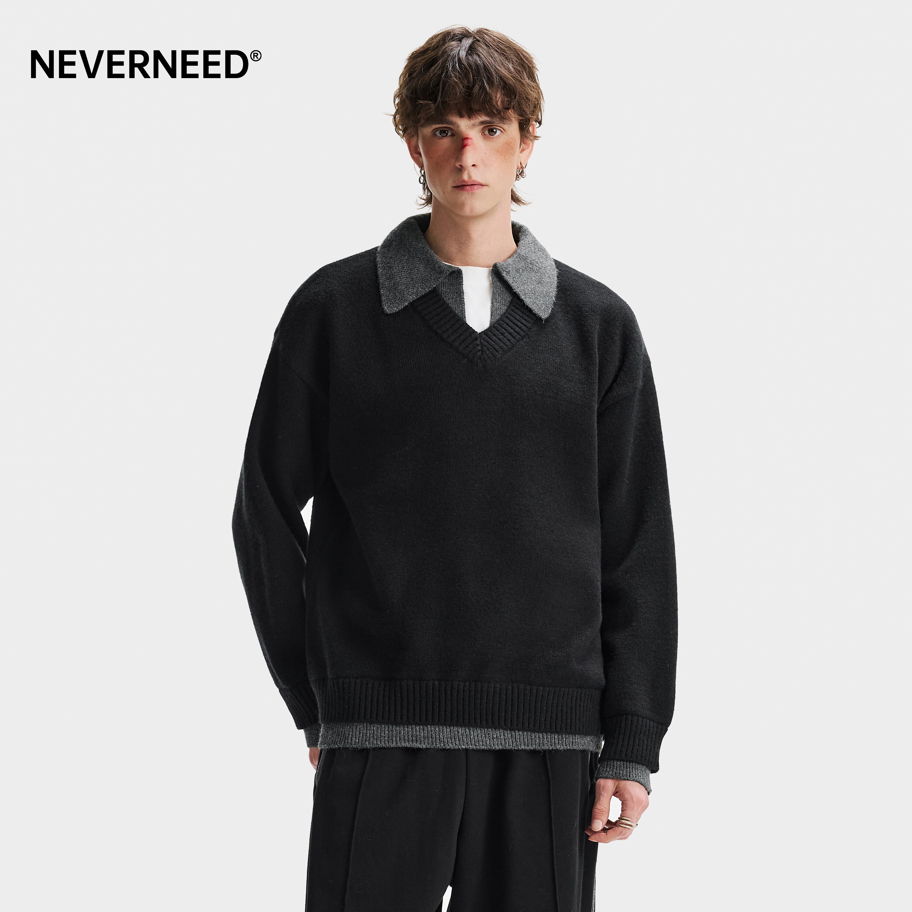 NEVERNEED假两件polo领毛衣男图片