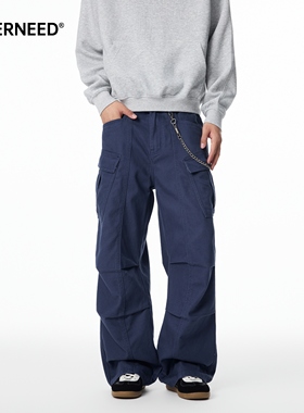 NEVERNEED褶皱工装休闲裤男女秋季美式cleanfit多口袋伞兵A字长裤