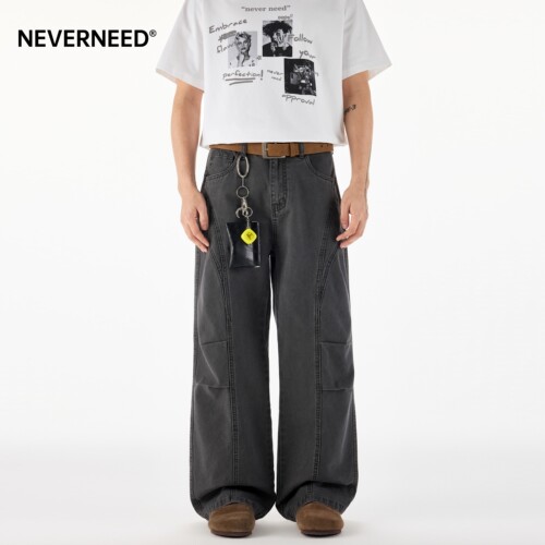 NEVERNEED解构拼接直筒牛仔裤男