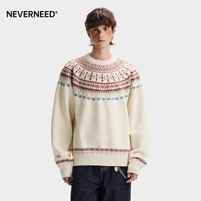 NEVERNEED纯色费尔岛提花毛衣男