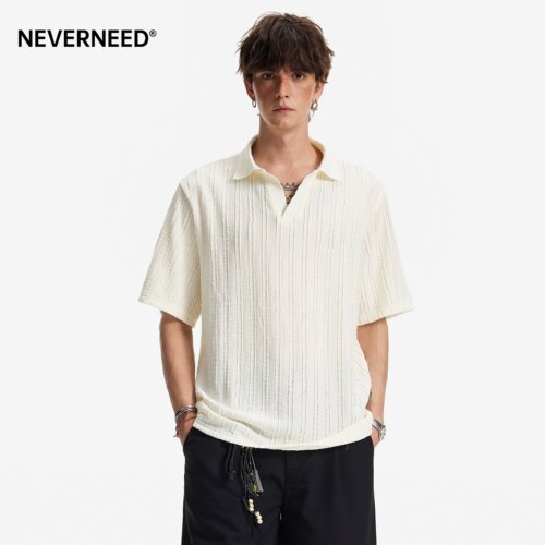NEVERNEED老钱风V领短袖T恤男