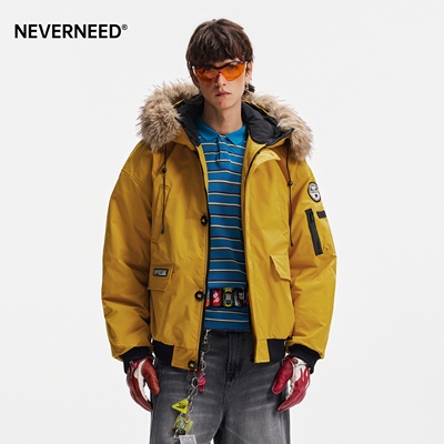 NEVERNEED大毛领连帽工装棉衣男