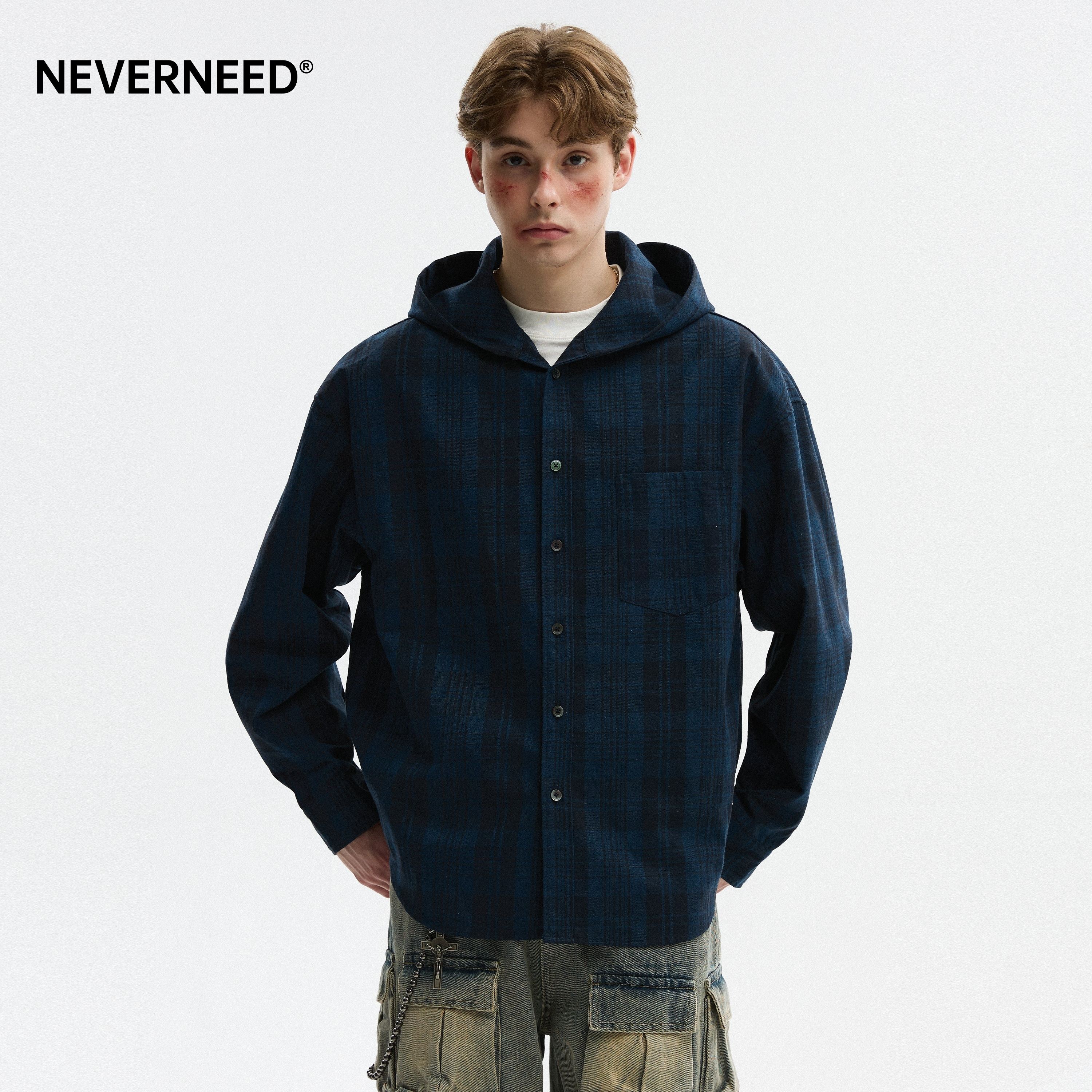 NEVERNEED蓝色格子连帽衬衫男女图片