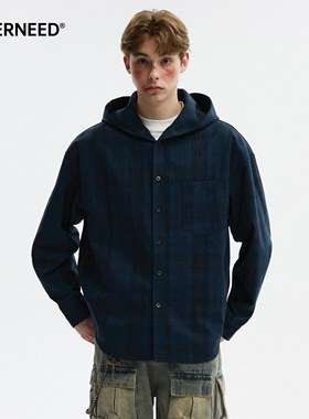 NEVERNEED蓝色格子连帽衬衫男女秋季美式复古情侣宽松休闲外套潮