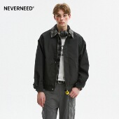 NEVERNEED假两件拼接夹克男女秋季 美式 潮牌cleanfit格纹翻领外套
