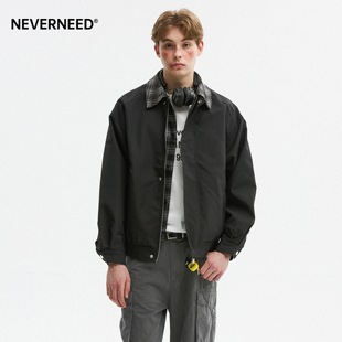 NEVERNEED假两件拼接夹克男女秋季美式潮牌cleanfit格纹翻领外套