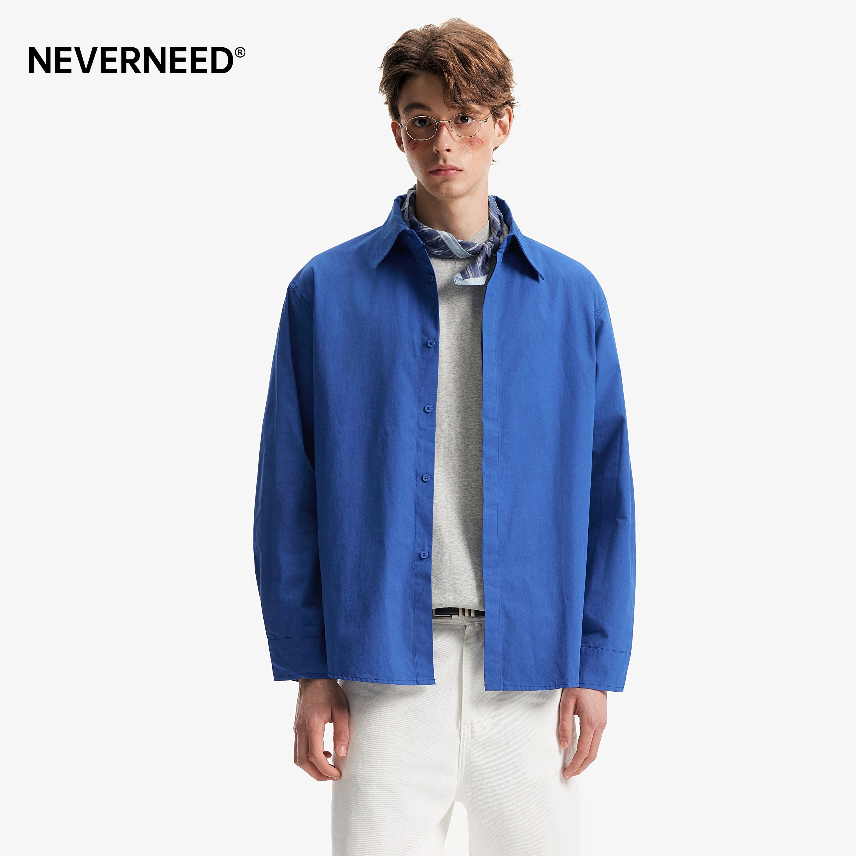 NEVERNEED纯色翻领长袖衬衫男女图片