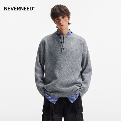 NEVERNEED灰色亨利领套头毛衣