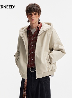 NEVERNEED座山雕连帽棉衣男女冬季美式PU皮保暖加厚毛领棉服外套