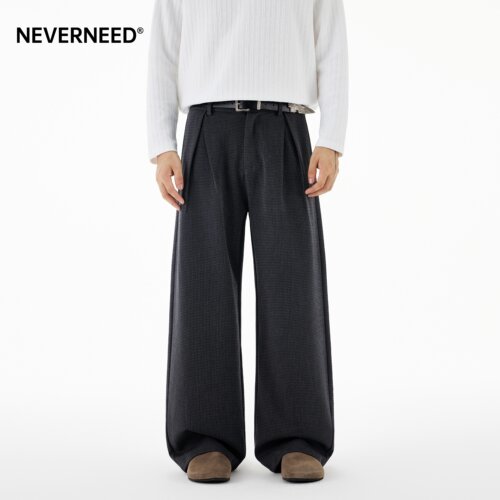 NEVERNEED黑色褶皱直筒休闲裤男