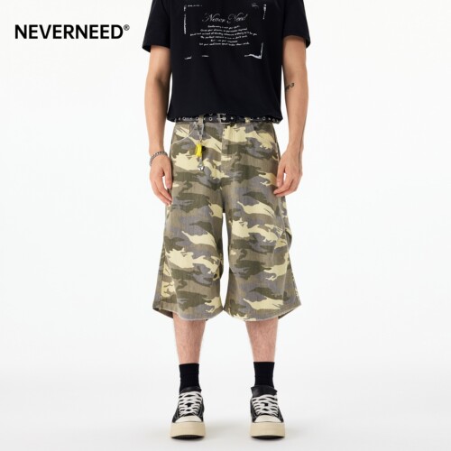 NEVERNEED迷彩阔腿休闲七分裤男