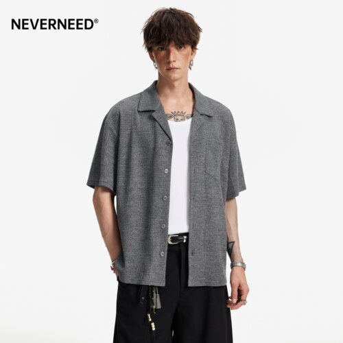 NEVERNEED老钱风古巴领短袖T恤男