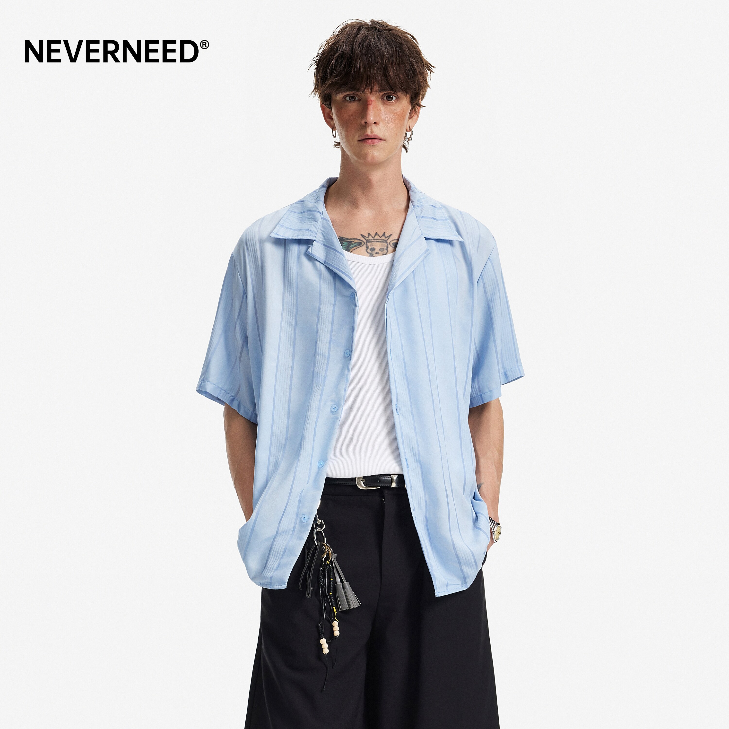 NEVERNEED肌理感条纹短袖衬衫男图片