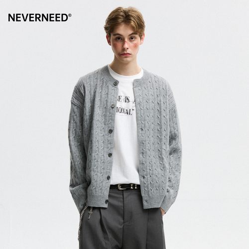 NEVERNEED灰色麻花毛衣开衫外套