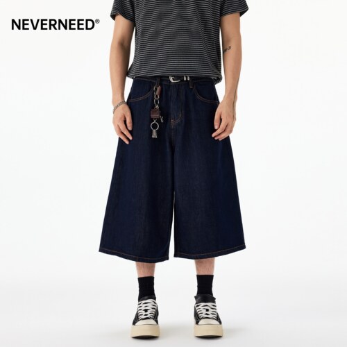 NEVERNEED水洗明线直筒牛仔短裤
