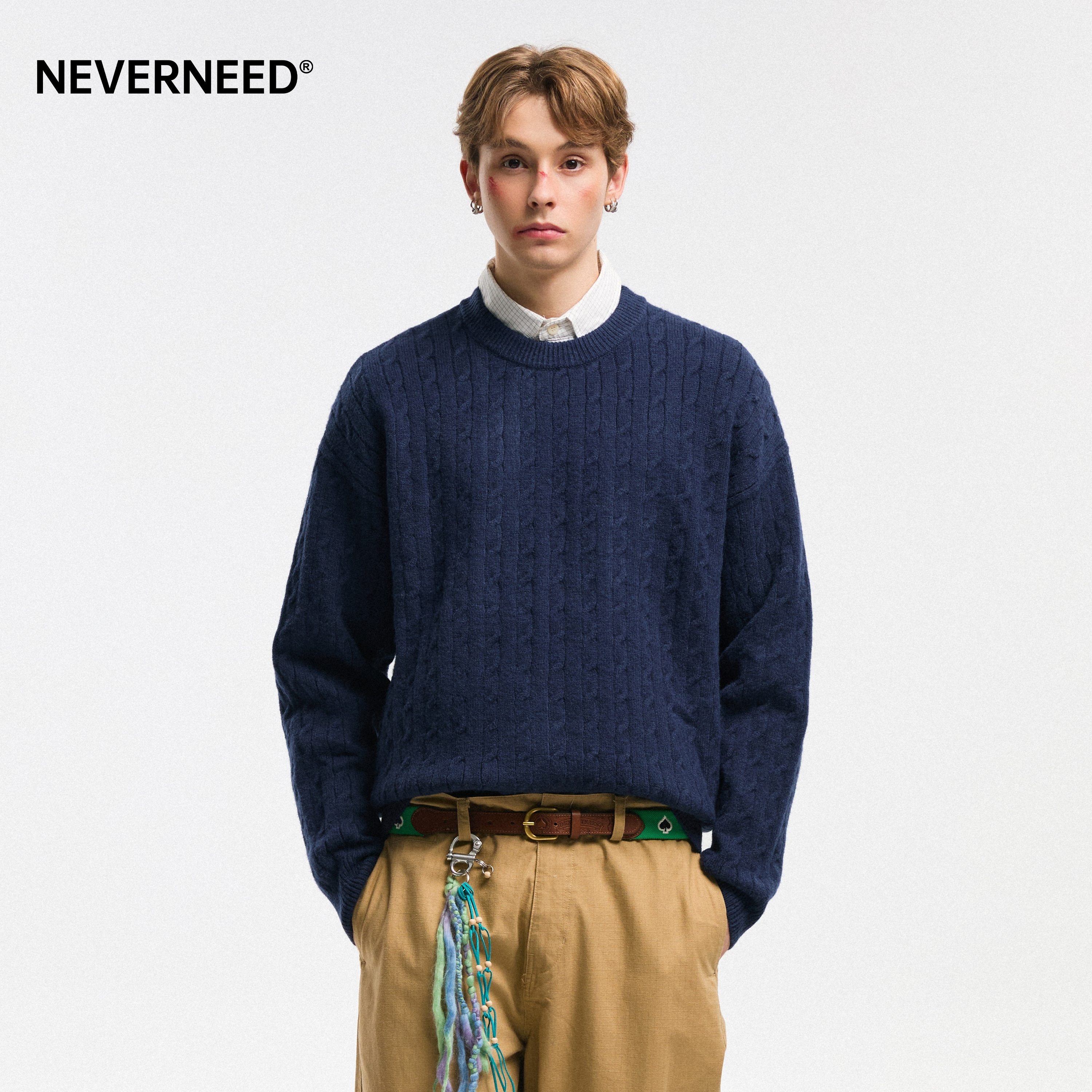 NEVERNEED纯色麻花圆领套头毛衣男秋季美式复古慵懒风打底针织衫