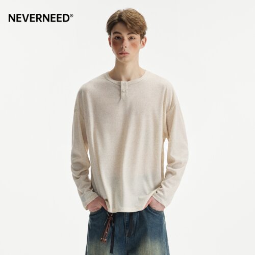 NEVERNEED亚麻天丝亨利领长袖t恤