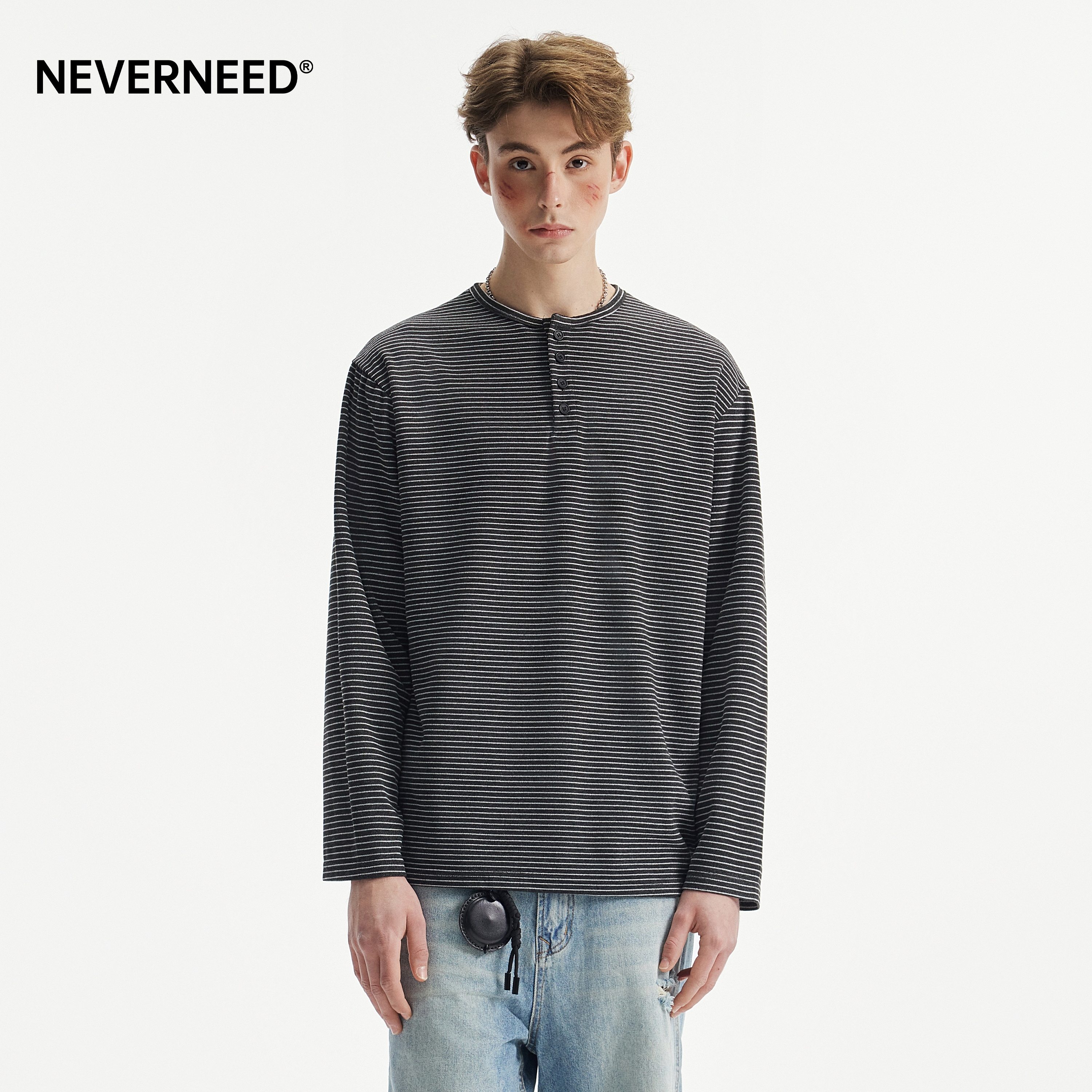 NEVERNEED条纹亨利领T恤男女图片