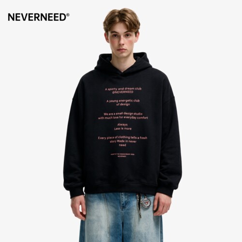 NEVERNEED复古字母印花连帽卫衣