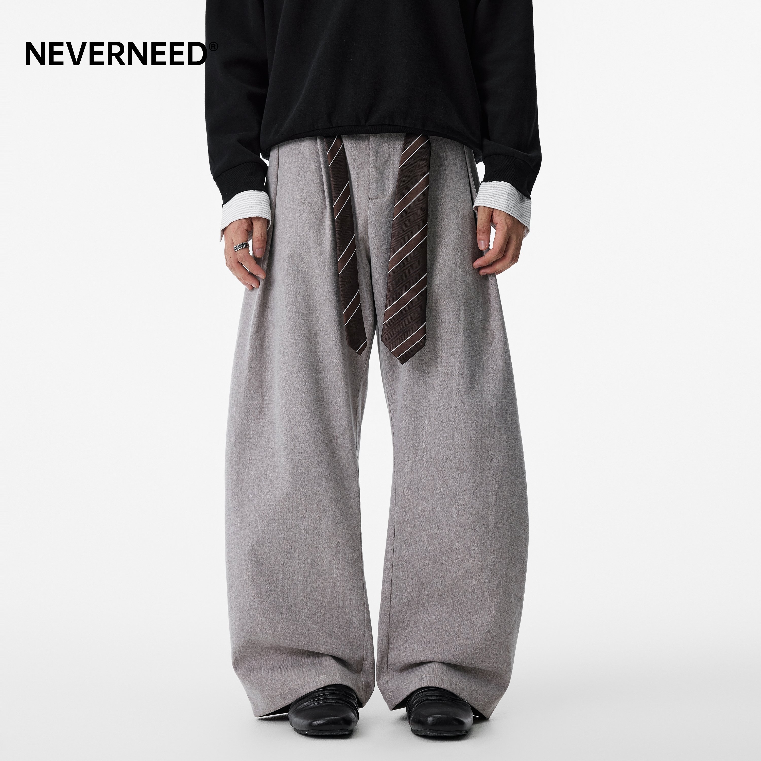 NEVERNEED老钱风毛呢休闲西裤男图片