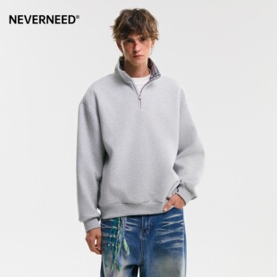 NEVERNEED400g重磅半拉链卫衣男女春季美式cleanfit撞色格纹上衣