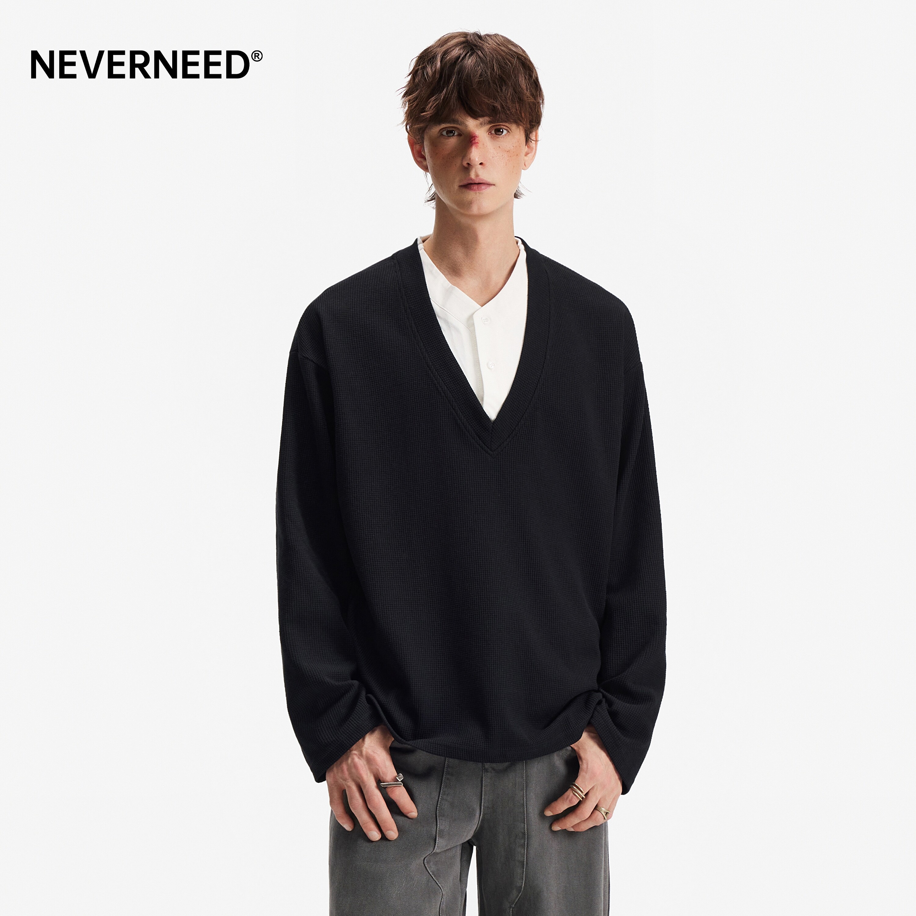 NEVERNEED华夫格衬衫领卫衣男图片