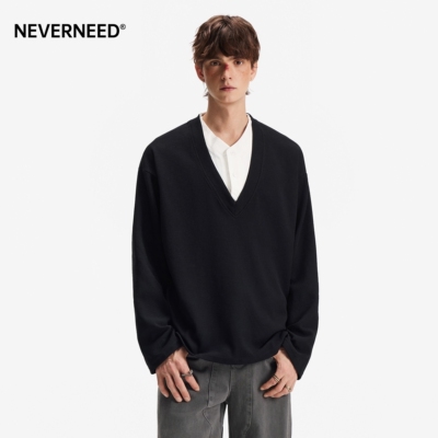 NEVERNEED华夫格衬衫领卫衣男