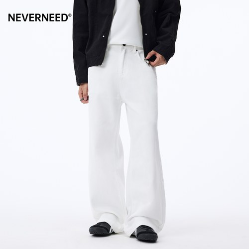 NEVERNEED白色宽松直筒牛仔裤男女秋冬季加绒美式休闲A字阔腿长裤